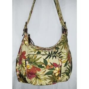 Croft & Barrow - Tan Canvas/Denim Purse w Tropical Design & Faux Leather Trim